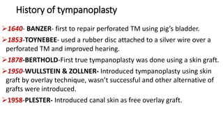 History of tympanoplasty
1640- BANZER- first to repair perforated TM using pig’s bladder.
1853-TOYNEBEE- used a rubber disc attached to a silver wire over a
perforated TM and improved hearing.
1878-BERTHOLD-First true tympanoplasty was done using a skin graft.
1950-WULLSTEIN & ZOLLNER- Introduced tympanoplasty using skin
graft by overlay technique, wasn’t successful and other alternative of
grafts were introduced.
1958-PLESTER- Introduced canal skin as free overlay graft.
 