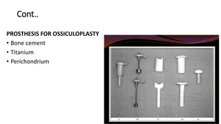 Cont..
PROSTHESIS FOR OSSICULOPLASTY
• Bone cement
• Titanium
• Perichondrium
 