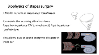 Biophysics of stapes surgery
• Middle ear acts as impedance transformer
It converts the incoming vibrations from
large low impedance T.M to much small, high impedance
oval window.
This allows 60% of sound energy to dissipate in
inner ear
 
