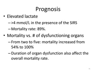 Prognosis
• Elevated lactate
–>4 mmol/L in the presence of the SIRS
–Mortality rate: 89%.
• Mortality vs. # of dysfunctioning organs
–From two to five: mortality increased from
54% to 100%
–Duration of organ dysfunction also affect the
overall mortality rate.
31
 