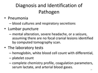 Diagnosis and Identification of
Pathogen
• Pneumonia
– blood cultures and respiratory secretions
• Lumbar puncture
– mental alteration, severe headache, or a seizure,
assuming there are no focal cranial lesions identified
by computed tomography scan.
• The laboratory tests
– hemoglobin, white blood cell count with differential,
– platelet count
– complete chemistry profile, coagulation parameters,
serum lactate, and arterial blood gases.
34
 