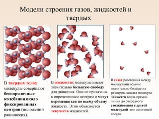 Модели строения газов, жидкостей и
твердых
В твердых телах
молекулы совершают
беспорядочные
колебания около
фиксированных
центров (положений
равновесия).
В жидкостях молекулы имеют
значительно большую свободу
для движения. Они не привязаны
к определенным центрам и могут
перемещаться по всему объему
жидкости. Этим объясняется
текучесть жидкостей.
В газах расстояния между
молекулами обычно
значительно больше их
размеров, каждая молекула
движется вдоль прямой
линии до очередного
столкновения с другой
молекулой или со стенкой
сосуда.
 