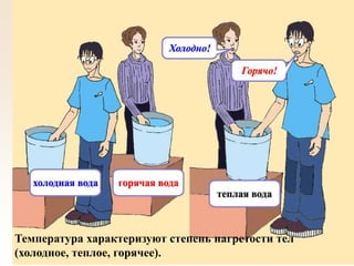 Температура характеризуют степень нагретости тел
(холодное, теплое, горячее).
 