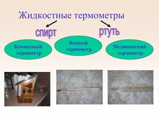 Жидкостные термометры
Комнатный
термометр
Водный
термометр Медицинский
термометр
 