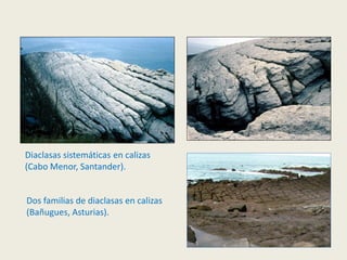 Diaclasas sistemáticas en calizas
(Cabo Menor, Santander).
Dos familias de diaclasas en calizas
(Bañugues, Asturias).
 