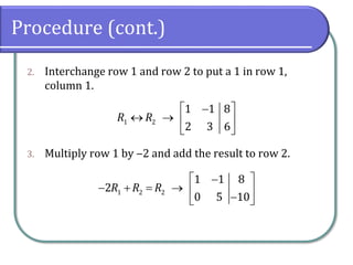 Procedure (cont.)
2. Interchange row 1 and row 2 to put a 1 in row 1,
column 1.
3. Multiply row 1 by ‒2 and add the result to row 2.
1 2
1 1 8
2 3 6
R R
 
−
 →  
 
1 2 2
1 1 8
2
0 5 10
R R R
 
−
− + = →  
−
 
 