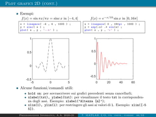 Plot grafici 2D (cont.)
Esempi:
f(x) = sin πx/πx = sinc x in [−4, 4]
x = linspace( -4 , 4 , 1000 ) ;
y = sinc( x ) ;
plot( x , y , ’--k’ ) ;
-5 0 5
-0.5
0
0.5
1
f(x) = e−x/10 sin x in [0, 16π]
x = linspace( 0 , 16*pi , 1000 ) ;
y = exp(-x) .* sin(x) ;
plot( x , y , ’r’ ) ;
0 20 40 60
-0.5
0
0.5
1
Alcune funzioni/comandi utili:
hold on: per sovrascrivere sui grafici precedenti senza cancellarli;
xlabel(txt), ylabel(txt): per visualizzare il testo txt in corrisponden-
za degli assi. Esempio: xlabel(’Altezza [m]’);
xlim(l), ylim(l): per restringere gli assi ai valori di l. Esempio: xlim([-5
5]).
Programmazione Informatica, A.A. 2020-21 7. MATLAB: I/O, str. contr., funzioni 44/53
 