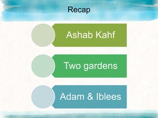 Recap
Ashab Kahf
Two gardens
Adam & Iblees
 