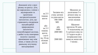 Доношені діти з груп
ризику по рахіту: діти,
які народились у жінок з
акушерською та
хронічною
екстрагенітальною
патологією; діти, що
страждають синдромом
мальабсорбції
природженою
патологією
гепатобіліарної системи,
з двійні та від повторних
пологів з малими
проміжками часу між
ними, а також діти на
ранньому штучному
вигодовуванні
на 2-3
тижнях
життя
або
на 2-3
тижнях
життя
і на 6-
му, 10-му
місяцях
життя
Залежно від
стану дитини
та умов життя
500-1000
МО
або
1000-
2000 МО
2000 МО
Щоденно до
досягнення 3-х
річного віку за
виключенням
літніх місяців
Щоденно
протягом 30 днів.
У подальшому до
3-х річного віку по
2-3 курси на рік з
інтервалами між
ними не менш ніж
3 місяці .
 