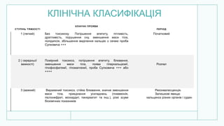 КЛІНІЧНА КЛАСИФІКАЦІЯ
СТУПІНЬ ТЯЖКОСТІ
КЛІНІЧНІ ПРОЯВИ
ПЕРІОД
1 (легкий) Без токсикозу. Погіршення апетиту, пітливість,
дратливість, порушення сну, зменшення маси тіла,
полідипсія, збільшення виділення кальцію з сечею проба
Сулковича +++
Початковий
2 ( середньої
важкості)
Помірний токсикоз, погіршення апетиту, блювання,
зменшення маси тіла, поява гіперкальціємії,
гіпофосфатемії, гіпомагніємії, проба Сулковича +++ або
++++
Розпал
3 (важкий) Виражений токсикоз, стійке блювання, значне зменшення
маси тіла, приєднання ускладнень (пневмонія,
пієлонефрит, міокардит, панкреатит та інш.), різкі зсуви
біохімічних показників
Реконвалесценція.
Залишкові явища:
кальциноз різних органів і судин
 