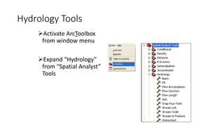 Hydrology Tools
Activate ArcToolbox
from window menu
Expand “Hydrology”
from “Spatial Analyst”
Tools
 