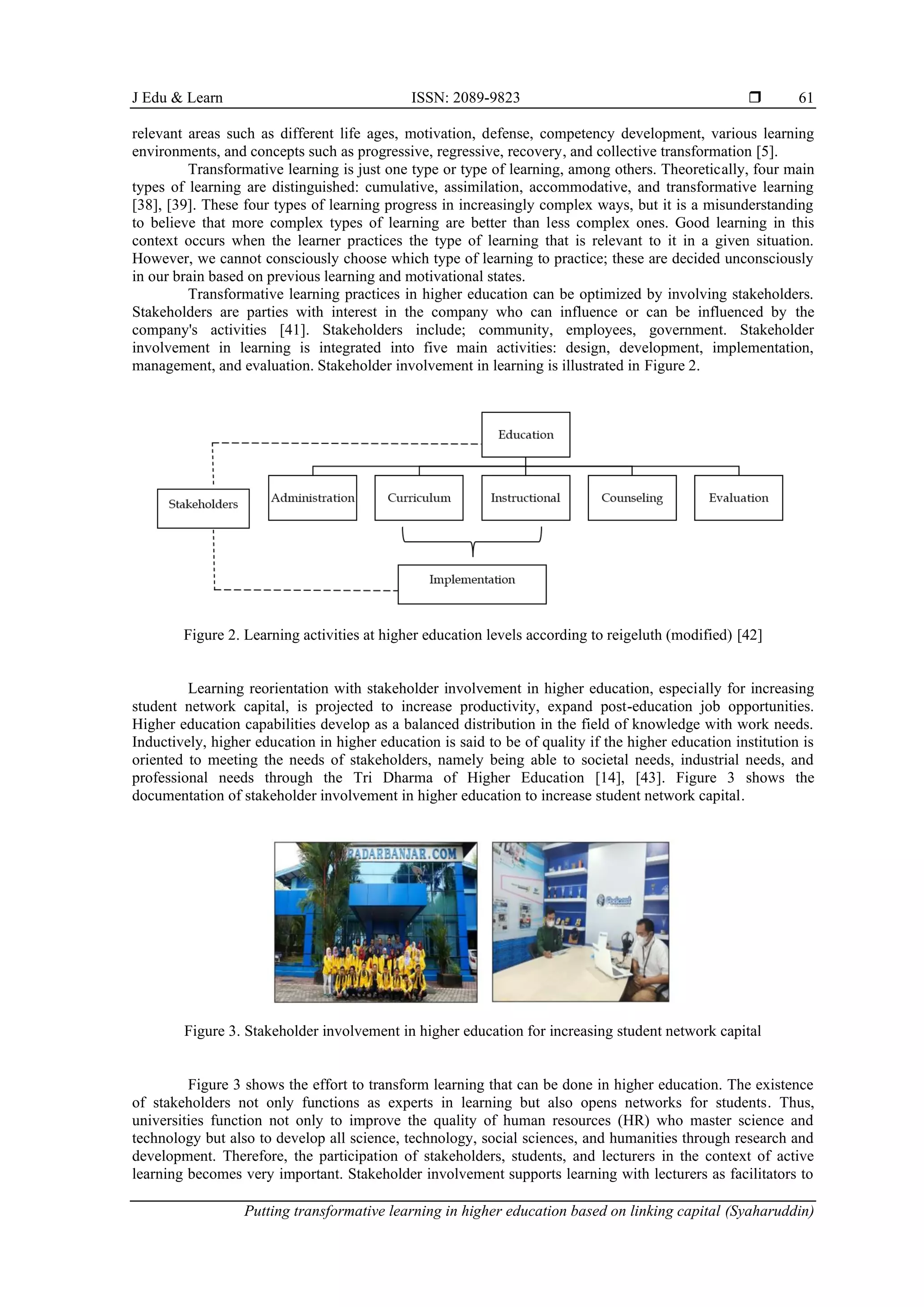 J Edu & Learn ISSN: 2089-9823 
Putting transformative learning in higher education based on linking capital (Syaharuddin)
61
relevant areas such as different life ages, motivation, defense, competency development, various learning
environments, and concepts such as progressive, regressive, recovery, and collective transformation [5].
Transformative learning is just one type or type of learning, among others. Theoretically, four main
types of learning are distinguished: cumulative, assimilation, accommodative, and transformative learning
[38], [39]. These four types of learning progress in increasingly complex ways, but it is a misunderstanding
to believe that more complex types of learning are better than less complex ones. Good learning in this
context occurs when the learner practices the type of learning that is relevant to it in a given situation.
However, we cannot consciously choose which type of learning to practice; these are decided unconsciously
in our brain based on previous learning and motivational states.
Transformative learning practices in higher education can be optimized by involving stakeholders.
Stakeholders are parties with interest in the company who can influence or can be influenced by the
company's activities [41]. Stakeholders include; community, employees, government. Stakeholder
involvement in learning is integrated into five main activities: design, development, implementation,
management, and evaluation. Stakeholder involvement in learning is illustrated in Figure 2.
Figure 2. Learning activities at higher education levels according to reigeluth (modified) [42]
Learning reorientation with stakeholder involvement in higher education, especially for increasing
student network capital, is projected to increase productivity, expand post-education job opportunities.
Higher education capabilities develop as a balanced distribution in the field of knowledge with work needs.
Inductively, higher education in higher education is said to be of quality if the higher education institution is
oriented to meeting the needs of stakeholders, namely being able to societal needs, industrial needs, and
professional needs through the Tri Dharma of Higher Education [14], [43]. Figure 3 shows the
documentation of stakeholder involvement in higher education to increase student network capital.
Figure 3. Stakeholder involvement in higher education for increasing student network capital
Figure 3 shows the effort to transform learning that can be done in higher education. The existence
of stakeholders not only functions as experts in learning but also opens networks for students. Thus,
universities function not only to improve the quality of human resources (HR) who master science and
technology but also to develop all science, technology, social sciences, and humanities through research and
development. Therefore, the participation of stakeholders, students, and lecturers in the context of active
learning becomes very important. Stakeholder involvement supports learning with lecturers as facilitators to
 