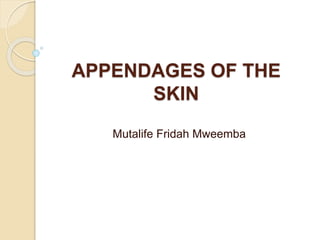 APPENDAGES OF THE
SKIN
Mutalife Fridah Mweemba
 