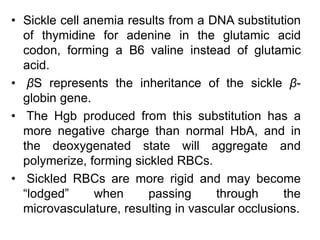 • Sickle cell anemia results from a DNA substitution
of thymidine for adenine in the glutamic acid
codon, forming a B6 valine instead of glutamic
acid.
• βS represents the inheritance of the sickle β-
globin gene.
• The Hgb produced from this substitution has a
more negative charge than normal HbA, and in
the deoxygenated state will aggregate and
polymerize, forming sickled RBCs.
• Sickled RBCs are more rigid and may become
“lodged” when passing through the
microvasculature, resulting in vascular occlusions.
 