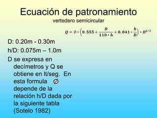 Ecuación de patronamiento
vertedero semicircular
D: 0.20m - 0.30m
h/D: 0.075m – 1.0m
D se expresa en
decímetros y Q se
obtiene en lt/seg. En
esta formula
depende de la
relación h/D dada por
la siguiente tabla
(Sotelo 1982)
 