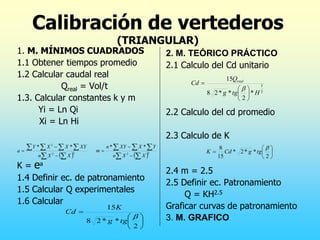 Calibración de vertederos
(TRIANGULAR)
1. M. MÍNIMOS CUADRADOS
1.1 Obtener tiempos promedio
1.2 Calcular caudal real
Qreal = Vol/t
1.3. Calcular constantes k y m
Yi = Ln Qi
Xi = Ln Hi
K = ea
1.4 Definir ec. de patronamiento
1.5 Calcular Q experimentales
1.6 Calcular
2. M. TEÓRICO PRÁCTICO
2.1 Calculo del Cd unitario
2.2 Calculo del cd promedio
2.3 Calculo de K
2.4 m = 2.5
2.5 Definir ec. Patronamiento
Q = KH2.5
Graficar curvas de patronamiento
3. M. GRAFICO
 2
2
2
*
*


  




X
X
n
XY
X
X
Y
a
 2
2
*
*


 




X
X
n
Y
X
XY
n
m







2
*
*
2
8
15

tg
g
K
Cd
2
5
*
2
*
*
2
8
15
H
tg
g
Q
Cd real















2
*
*
2
*
15
8 
tg
g
Cd
K
 