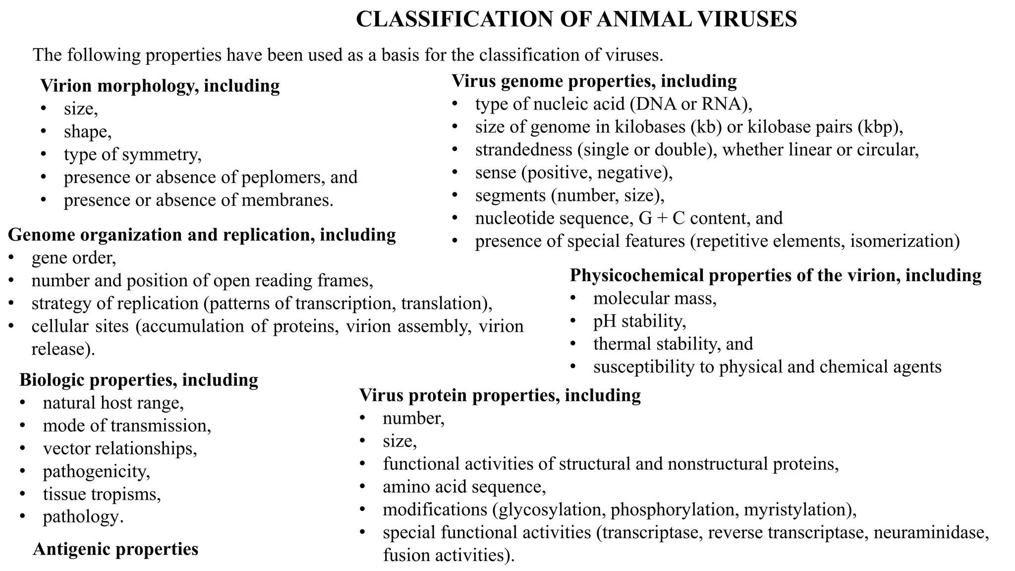 CLASSIFICATION OF ANIMAL VIRUSES
The following properties have been used as a basis for the classification of viruses.
Virion morphology, including
• size,
• shape,
• type of symmetry,
• presence or absence of peplomers, and
• presence or absence of membranes.
Virus genome properties, including
• type of nucleic acid (DNA or RNA),
• size of genome in kilobases (kb) or kilobase pairs (kbp),
• strandedness (single or double), whether linear or circular,
• sense (positive, negative),
• segments (number, size),
• nucleotide sequence, G + C content, and
• presence of special features (repetitive elements, isomerization)
Genome organization and replication, including
• gene order,
• number and position of open reading frames,
• strategy of replication (patterns of transcription, translation),
• cellular sites (accumulation of proteins, virion assembly, virion
release).
Virus protein properties, including
• number,
• size,
• functional activities of structural and nonstructural proteins,
• amino acid sequence,
• modifications (glycosylation, phosphorylation, myristylation),
• special functional activities (transcriptase, reverse transcriptase, neuraminidase,
fusion activities).
Physicochemical properties of the virion, including
• molecular mass,
• pH stability,
• thermal stability, and
• susceptibility to physical and chemical agents
Biologic properties, including
• natural host range,
• mode of transmission,
• vector relationships,
• pathogenicity,
• tissue tropisms,
• pathology.
Antigenic properties
 