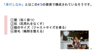 85
「身だしなみ」とはこの4つの要素で構成されているそうです。
①髪（短く保つ）
②肌（肌荒れをなくす）
③服のサイズ（ジャストサイズを着る）
④眉毛（輪郭を整える）
 