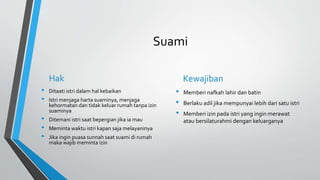Suami
Hak
• Ditaati istri dalam hal kebaikan
• Istri menjaga harta suaminya, menjaga
kehormatan dan tidak keluar rumah tanpa izin
suaminya
• Ditemani istri saat bepergian jika ia mau
• Meminta waktu istri kapan saja melayaninya
• Jika ingin puasa sunnah saat suami di rumah
maka wajib meminta izin
Kewajiban
• Memberi nafkah lahir dan batin
• Berlaku adil jika mempunyai lebih dari satu istri
• Memberi izin pada istri yang ingin merawat
atau bersilaturahmi dengan keluarganya
 