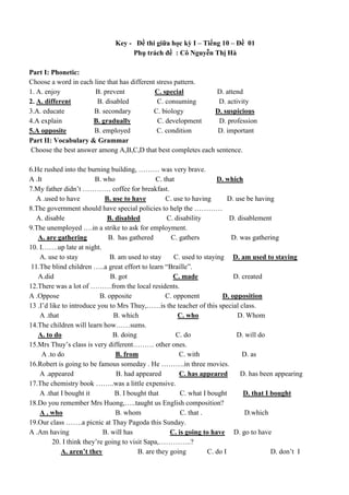 Key - Đề thi giữa học kỳ I – Tiếng 10 – Đề 01
Phụ trách đề : Cô Nguyễn Thị Hà
Part I: Phonetic:
Choose a word in each line that has different stress pattern.
1. A. enjoy B. prevent C. special D. attend
2. A. different B. disabled C. consuming D. activity
3.A. educate B. secondary C. biology D. suspicious
4.A explain B. gradually C. development D. profession
5.A opposite B. employed C. condition D. important
Part II: Vocabulary & Grammar
Choose the best answer among A,B,C,D that best completes each sentence.
6.He rushed into the burning building, ……… was very brave.
A .It B. who C. that D. which
7.My father didn’t ………… coffee for breakfast.
A .used to have B. use to have C. use to having D. use be having
8.The government should have special policies to help the …………
A. disable B. disabled C. disability D. disablement
9.The unemployed ….in a strike to ask for employment.
A. are gathering B. has gathered C. gathers D. was gathering
10. I…….up late at night.
A. use to stay B. am used to stay C. used to staying D. am used to staying
11.The blind children …..a great effort to learn “Braille”.
A.did B. got C. made D. created
12.There was a lot of ………from the local residents.
A .Oppose B. opposite C. opponent D. opposition
13 .I’d like to introduce you to Mrs Thuy,……is the teacher of this special class.
A .that B. which C. who D. Whom
14.The children will learn how……sums.
A. to do B. doing C. do D. will do
15.Mrs Thuy’s class is very different……… other ones.
A .to do B. from C. with D. as
16.Robert is going to be famous someday . He ……….in three movies.
A .appeared B. had appeared C. has appeared D. has been appearing
17.The chemistry book ……..was a little expensive.
A .that I bought it B. I bought that C. what I bought D. that I bought
18.Do you remember Mrs Huong,…..taught us English composition?
A . who B. whom C. that . D.which
19.Our class …….a picnic at Thay Pagoda this Sunday.
A .Am having B. will has C. is going to have D. go to have
20. I think they’re going to visit Sapa,…………..?
A. aren’t they B. are they going C. do I D. don’t I
 