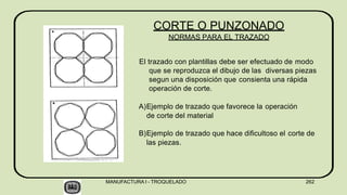 El trazado con plantillas debe ser efectuado de modo
que se reproduzca el dibujo de las diversas piezas
segun una disposición que consienta una rápida
operación de corte.
A)Ejemplo de trazado que favorece la operación
de corte del material
B)Ejemplo de trazado que hace dificultoso el corte de
las piezas.
CORTE O PUNZONADO
NORMAS PARA EL TRAZADO
MANUFACTURA I - TROQUELADO 262
 