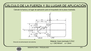 CÁLCULO DE LA FUERZA Y SU LUGAR DE APLICACIÓN
Calcular la fuerza y el lugar de aplicación para el troquelado de la pieza mostrada.
Material: Acero laminado 0.3%C
T = 343 N/mm2 e = 2mm
Dirección de alimentación de la lámina
MANUFACTURA I - TROQUELADO 270
 