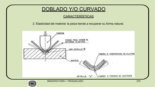 DOBLADO Y/O CURVADO
CARACTERÍSTICAS
2. Elasticidad del material: la pieza tiende a recuperar su forma natural.
MANUFACTURA I - TROQUELADO 279
 