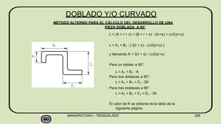 DOBLADO Y/O CURVADO
MÉTODO ALTERNO PARA EL CÁLCULO DEL DESARROLLO DE UNA
PIEZA DOBLADA A 90°
L = (A + r + s) + (B + r + s) - 2(r+s) + (/2)(r+y)
L = A1 + B1 - [ 2(r + s) - (/2)(r+y) ]
y llamando K = 2(r + s) - (/2)(r+y)
Para un doblez a 90°:
L = A1 + B1 - K
Para dos dobleces a 90°:
L = A1 + B1 + C1 - 2K
Para tres dobleces a 90°
L = A1 + B1 + C1 + D1 - 3K
El valor de K se obtiene de la tabla de la
siguiente página.
MANUFACTURA I - TROQUELADO 288
 