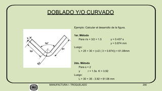 Ejemplo: Calcular el desarrollo de la figura.
1er. Método
Para r/s = 3/2 = 1.5 y = 0.437 s
y = 0.874 mm
Luego:
L = 25 + 30 + (/2 ( 3 + 0.874)) = 61.08mm
2do. Método
Para s = 2
y r = 1.5s K = 3.92
Luego:
L = 30 + 35 - 3.92 = 61.08 mm
DOBLADO Y/O CURVADO
MANUFACTURA I - TROQUELADO 290
 