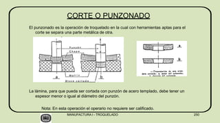 El punzonado es la operación de troquelado en la cual con herramientas aptas para el
corte se separa una parte metálica de otra.
La lámina, para que pueda ser cortada con punzón de acero templado, debe tener un
espesor menor o igual al diámetro del punzón.
Nota: En esta operación el operario no requiere ser calificado.
CORTE O PUNZONADO
MANUFACTURA I - TROQUELADO 250
 