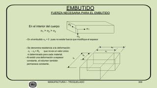 En el interior del cuerpo
1 > 2 > 3
- Se denomina resistencia a la deformación:
1 - 2 = Rd que no es un valor único
ni determinado para cada material.
- Al existir una deformación a espesor
constante, el volumen también
permanece constante.
EMBUTIDO
FUERZA NECESARIA PARA EL EMBUTIDO
1
3
- En el embutido 3 = 0 pues no existe fuerza que modifique el espesor
2
a0
a1
MANUFACTURA I - TROQUELADO 309
b0
b1
 