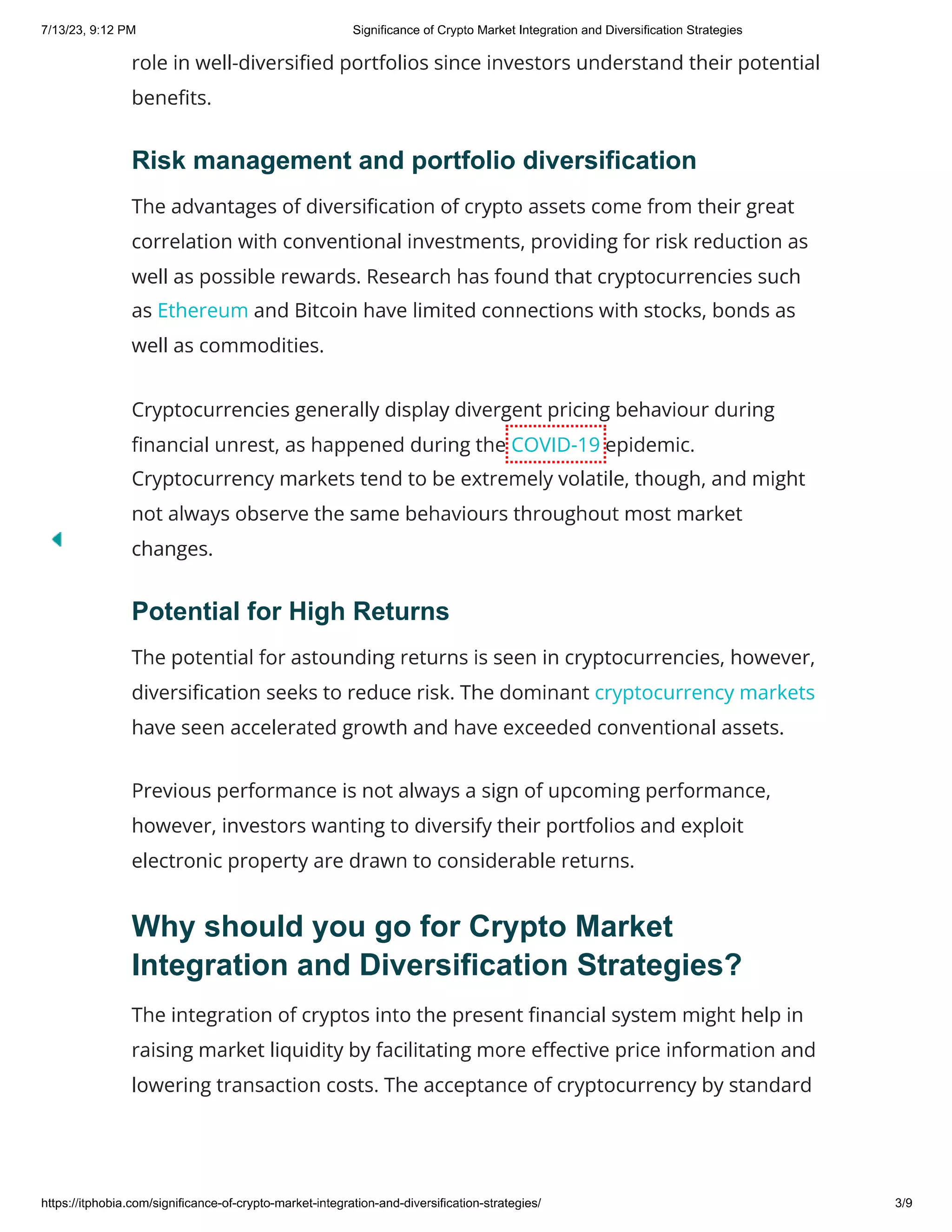 Significance of Crypto Market Integration and Diversification Strategies