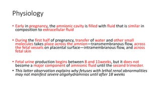 Physiology
• Early in pregnancy, the amnionic cavity is filled with fluid that is similar in
composition to extracellular fluid
• During the first half of pregnancy, transfer of water and other small
molecules takes place across the amnion—transmembranous flow, across
the fetal vessels on placental surface—intramembranous flow, and across
fetal skin
• Fetal urine production begins between 8 and 11weeks, but it does not
become a major component of amnionic fluid until the second trimester.
• This latter observation explains why fetuses with lethal renal abnormalities
may not manifest severe oligohydramnios until after 18 weeks
 