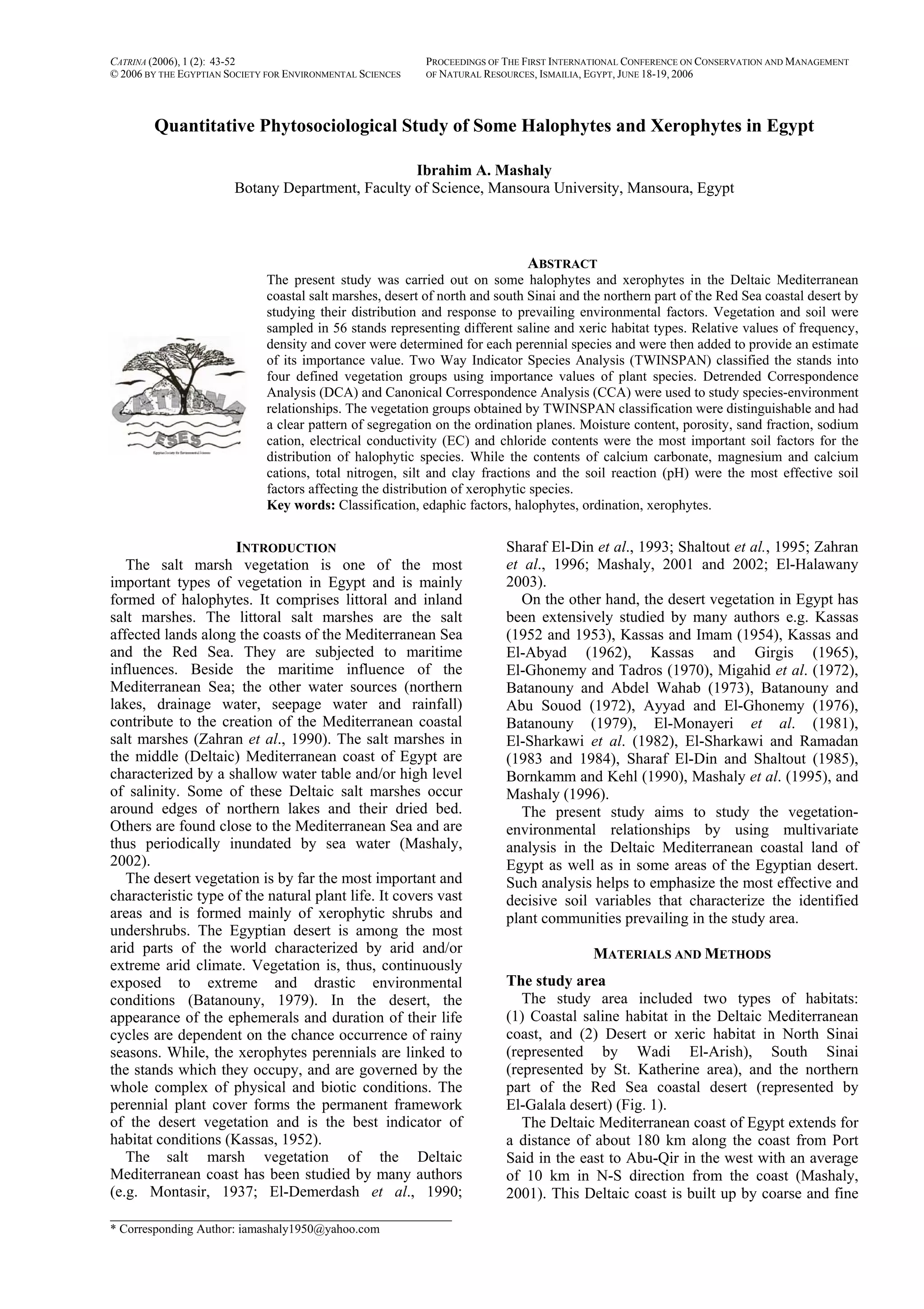 Quantitative Phytosociological Study of Some Halophytes and Xerophytes ...