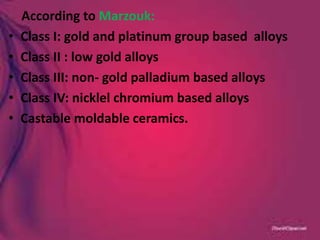 According to Marzouk:
• Class I: gold and platinum group based alloys
• Class II : low gold alloys
• Class III: non- gold palladium based alloys
• Class IV: nicklel chromium based alloys
• Castable moldable ceramics.
 