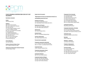 PLAN DE DESARROLLO METROPOLITANO CUSCO 2017-2037
REGLAMENTO
Autoridades municipales
Alcalde
Carlos Moscoso Perea
Regidores
Mag. Richard Suárez Sánchez
Bach. Adm. Jesyka Guevara Villanueva
Arq. Darío Sosa Soto
C.P
.C. Norma Maritza Rodríguez Limache
Sr. Aarón Luis Medina Cervantes
Bach. Adm. Jane Solange Ortiz de Zevallos
Sr. Carlos Aguilar Ortiz
Sra. Jackeline Zúñiga Mendoza
Abog. Boris Germain Mujica Paredes
Arq. Crayla Alfaro Aucca
Bach. Hist. Oscar Cáceres Quispe
Bach. Tur. Daniel Abarca Soto
Sr. Víctor Uriel Acurio Tito
Gerente Municipal
Ing. Ismael Sutta Soto
Gerente de Desarrollo Urbano y Rural
Arq. Luz Marina Gonzales de la Vega
Subgerente de Ordenamiento Territorial Provincial
Arq. Abel Gallegos Choque
Equipo técnico del proyecto:
“Mejoramiento del servicio de ordenamiento territorial en la
municipalidad provincial del Cusco”
Residentes de Proyecto:
Arq. Rosmery Quispe Bellido (2017)
Arq. Fredy Roberto Vizcarra Castillo (2015-2017)
Supervisores de Proyecto:
Arq. Pedro Javier Fernández Díaz (2017)
Arq. Sami Zapana Guillén (2016-2017)
Administrador:
Adm. Eytan Rodríguez Huerta
Asistente técnico:
Bach. Arq. Cira Marleny Velasquez Bravo
Asistente administrativo:
Adm. Allison Shanda Ramos Silva
Personal técnico especializado
Componente organizativo institucional:
Lic. Cs. Comunic. Darsi Lenin Rozas Gonzales
Bach. Cs. Comunic. Luis Alfredo Silva De Echave
Componente Social:
Antrop. Jacqueline Esquivias Amau
Componente Arqueología y Cultura:
Arq. Luis Ángel Delgado Flores
Componente Ambiental:
Blgo. Elvir Frans Arellano Gamarra
Componente Gestión de Riesgos:
Ing. Glgo. Ruth Yngrid Atasi Valencia
Ing. Glgo. Carmen Ligia Challco Olivera
Ing. Glgo. David Prudencio Mendoza
Componente Físico Construido:
Arq. Ivan Nemesio Paliza Córdova
Arq. Fady Rodas Rodas
Arq. David Fernando Flores Carreño
Arq. Sindy Kristal Aucaylle Coll
Arq. Cinthya Ingrid Rojas Góngora
Bach. Arq. Willian Valencia Huayllino
Bach. Arq. Gustavo Adolfo Aragón Huamán
Componente Económico:
Mag. Marleny Del Pino Duran
Componente Información y Tecnología
Ing. Sist. Percy Rojas Aiquipa
Ing. Sist. Mirsha Yesenia Huamán Aimituma
Ing. Geógraf. Cesar Eduardo Echenique Lescano
Componente Legal:
Abog. María Elizabeth Lastarria Rivera
Movilidad:
Guido Pumayali Ylla
Modelador - Renderista:
Luis Antonio Parari Huayhua
Fotografía y Diagramación:
Jose Alfredo Velarde Mariscal
Personal de planta:
Arq. Carmen Castañeda Solis
Arq. Fred Pinares Peña
Ing. Glgo. Marko Cesar Herrera González
Tec. Adm.Tania Erika Unda Hurtado
Aux. Adm. Sergio Zárate Dueñas
 