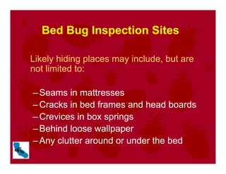 Bed Bug Inspection Sites
Likely hiding places may include, but are
not limited to:
–Seams in mattresses
–Cracks in bed frames and head boards
–Crevices in box springs
–Behind loose wallpaper
–Any clutter around or under the bed
 