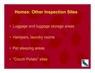• Luggage and luggage storage areas
• Hampers, laundry rooms
• Pet sleeping areas
• “Couch Potato” sites
Homes: Other Inspection Sites
 