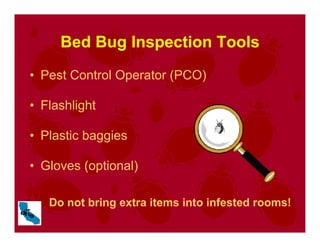 Bed Bug Inspection Tools
• Pest Control Operator (PCO)
• Flashlight
• Plastic baggies
• Gloves (optional)
Do not bring extra items into infested rooms!
 