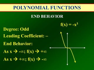 POLYNOMIAL FUNCTIONS
END BEHAVIOR
Degree: Odd
Leading Coefficient: –
End Behavior:
As x  -∞; f(x)  +∞
As x  +∞; f(x)  -∞
f(x) = -x3
 