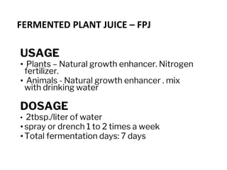 FERMENTED PLANT JUICE – FPJ
USAGE
• Plants – Natural growth enhancer. Nitrogen
fertilizer.
• Animals - Natural growth enhancer . mix
with drinking water
DOSAGE
• 2tbsp./liter of water
• spray or drench 1 to 2 times a week
• Total fermentation days: 7 days
 