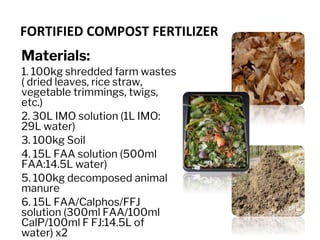 FORTIFIED COMPOST FERTILIZER
Materials:
1. 100kg shredded farm wastes
( dried leaves, rice straw,
vegetable trimmings, twigs,
etc.)
2. 30L IMO solution (1L IMO:
29L water)
3. 100kg Soil
4. 15L FAA solution (500ml
FAA:14.5L water)
5. 100kg decomposed animal
manure
6. 15L FAA/Calphos/FFJ
solution (300ml FAA/100ml
CalP/100ml F FJ:14.5L of
water) x2
 