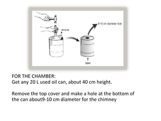 FOR THE CHAMBER:
Get any 20 L used oil can, about 40 cm height.
Remove the top cover and make a hole at the bottom of
the can about9-10 cm diameter for the chimney
 