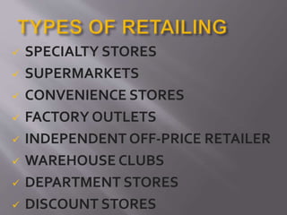  SPECIALTY STORES
 SUPERMARKETS
 CONVENIENCE STORES
 FACTORY OUTLETS
 INDEPENDENT OFF-PRICE RETAILER
 WAREHOUSE CLUBS
 DEPARTMENT STORES
 DISCOUNT STORES
 