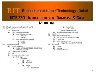 1
ISTE 230 - INTRODUCTION TO DATABASE & DATA
MODELING
 Lifecycle Example with a Single Entity (con’t)
 SQL Introduction
 What is SQL?
 Types of Statements (So Far)
 Data Definition Language
 CREATE
 DROP
 Data Manipulation Language
 INSERT
 SELECT
 MySQL Introduction
 Viewing Metadata
 SHOW DATABASES|TABLES|CREATE TABLE
 DESCRIBE, EXPLAIN
 CREATE|DROP DATABASE
 USE
 Simple CREATE|DROP TABLE
 Data Types
 Character
 CHAR
 VARCHAR
 Numeric
 Integer
 INTEGER|INT
 Date/Time
 DATE
 PRIMARY KEY constraint
 Scripts versus Command-Line Entry
 INSERT
 SELECT Statement Introduction
 Required Clauses: SELECT and FROM
 Column Alias
 Optional Clause: WHERE
 Logical Operators (NOT, AND, OR)
 NULL values
 Finding
 Inserting
 Common Mistakes
 