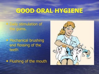 GOOD ORAL HYGIENE
• Daily stimulation of
the gums.
• Mechanical brushing
and flossing of the
teeth
• Flushing of the mouth
 