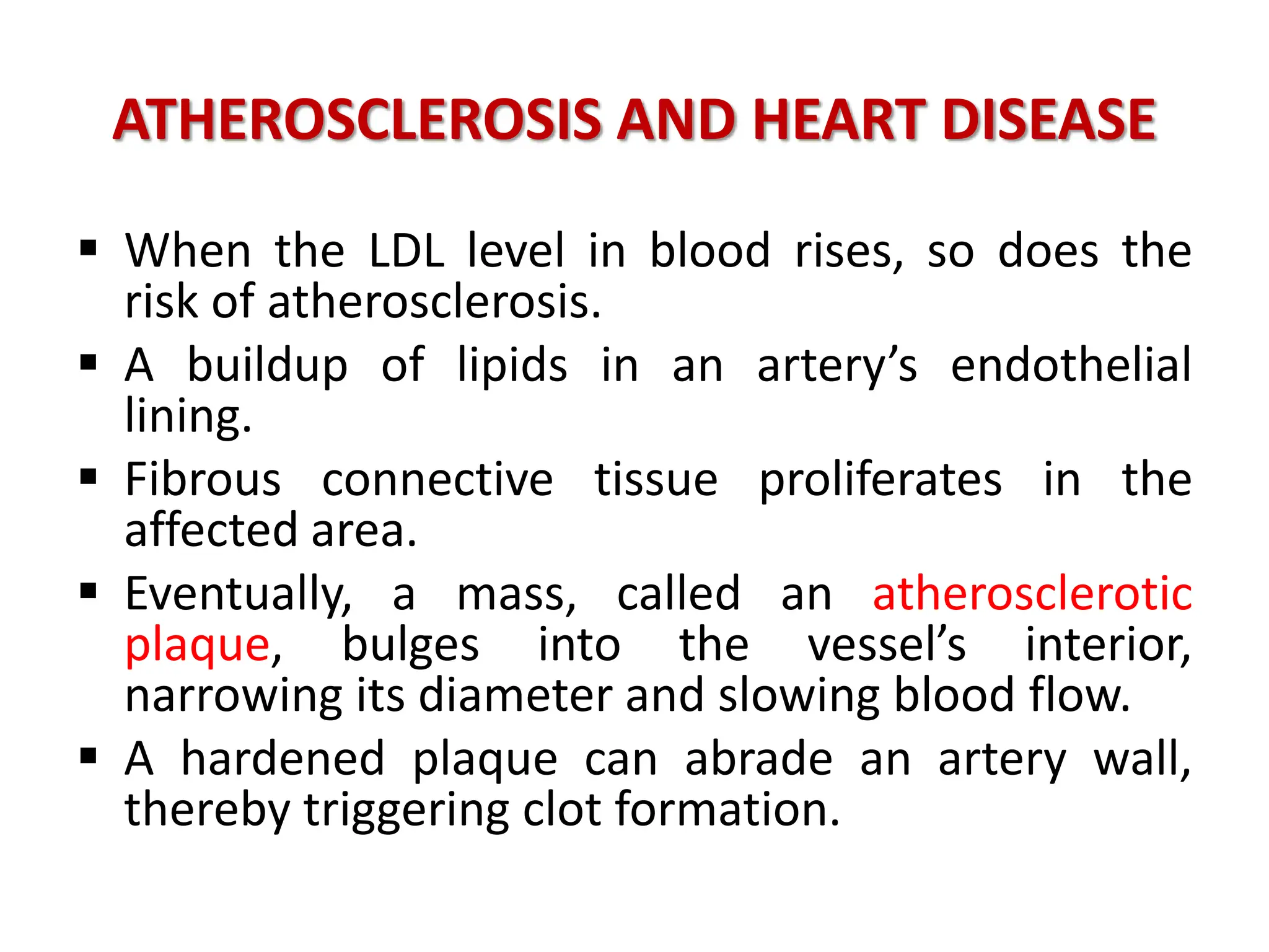 ATHEROSCLEROSIS AND HEART DISEASE
 When the LDL level in blood rises, so does the
risk of atherosclerosis.
 A buildup of lipids in an artery’s endothelial
lining.
 Fibrous connective tissue proliferates in the
affected area.
 Eventually, a mass, called an atherosclerotic
plaque, bulges into the vessel’s interior,
narrowing its diameter and slowing blood flow.
 A hardened plaque can abrade an artery wall,
thereby triggering clot formation.
 