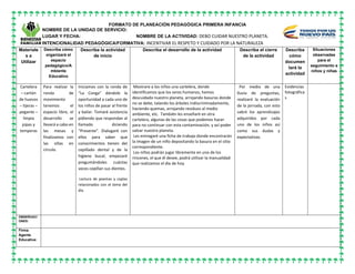 FORMATO DE PLANEACIÓN PEDAGÓGICA PRIMERA INFANCIA
NOMBRE DE LA UNIDAD DE SERVICIO:
LUGAR Y FECHA: NOMBRE DE LA ACTIVIDAD: DEBO CUIDAR NUESTRO PLANETA.
INTENCIONALIDAD PEDAGÓGICA/FORMATIVA: INCENTIVAR EL RESPETO Y CUIDADO POR LA NATURALEZA
Materiale
s a
Utilizar
Describa cómo
organizará el
espacio
pedagógico/A
mbiente
Educativo
Describa la actividad
de inicio
Describa el desarrollo de la actividad Describa el cierre
de la actividad
Describa
cómo
documen
tará la
actividad
Situaciones
observadas
para el
seguimiento a
niños y niñas
Cartelera
– cartón
de huevos
– tijeras –
pegante –
limpia
pipas y
temperas
Para realizar la
ronda de
movimiento
tenemos el
espacio libre, el
desarrollo se
llevará a cabo en
las mesas y
finalizamos con
las sillas en
círculo.
Iniciamos con la ronda de
“La Conga” dándole la
oportunidad a cada uno de
los niños de pasar al frente
y bailar. Tomaré asistencia
pidiendo que respondan al
llamado diciendo
“Presente”. Dialogaré con
ellos para saber que
conocimientos tienen del
cepillado dental y de la
higiene bucal, empezaré
preguntándoles cuántas
veces cepillan sus dientes.
Lectura de poemas y coplas
relacionados con el tema del
día.
Mostrare a los niños una cartelera, donde
identificamos que los seres humanos, hemos
descuidado nuestro planeta, arrojando basuras donde
no se debe, talando los árboles indiscriminadamente,
haciendo quemas, arrojando residuos al medio
ambiente, etc. También les enseñaré en otra
cartelera, algunas de las cosas que podemos hacer
para no continuar con esta contaminación, y así poder
salvar nuestro planeta.
Les entregaré una ficha de trabajo donde encontrarán
la imagen de un niño depositando la basura en el sitio
correspondiente.
Los niños podrán jugar libremente en uno de los
rincones, el que él desee, podrá utilizar la manualidad
que realizamos el día de hoy.
Por medio de una
lluvia de preguntas,
realizaré la evaluación
de la jornada, con esto
sabré los aprendizajes
adquiridos por cada
uno de los niños así
como sus dudas y
expectativas.
Evidencias
fotográfica
s
OBSERVACI
ONES:
Firma
Agente
Educativa:
 
