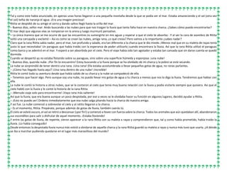 Tal y como este había anunciado, en apenas unas horas llegaron a una pequeña montaña desde la que se podía ver el mar. Estaba amaneciendo y el sol (otra vez
el sol) teñía de naranja el agua. ¡Era una imagen preciosa!
Ritita se despidió de su amigo el zorro y dando saltos llegó hasta la orilla del mar.
– Buenos días, señor mar. Ando buscando a las nubes para que nos traigan la lluvia que tanta falta hace en nuestra charca. ¿Sabes cómo puedo encontrarlas?
El mar dejó que algunas olas se rompieran en la arena y luego murmuró pensativo.
– La única manera que se me ocurre de que las encuentres es sumergirte en mis aguas y esperar a que el cielo te absorba.- Y al ver la cara de asombro de Ritita
soltó una carcajada y exclamó – Así es como se crean las nubes, amiga rana, ¿o qué creías? Pero vamos a lo importante ¿sabes nadar?
Claro que la rana Ritita sabía nadar, pero el mar, tan profundo y salado, era tan diferente a la charca que le dio miedo. ¡Menos mal que en su maleta de rayas tenía
justo lo que necesitaba! Un paraguas que había traído con la esperanza de poder utilizarlo cuando encontrara la lluvia. Así que la rana Ritita utilizó el paraguas
como barco y se adentró en el mar. Y esperó a ser absorbida por el cielo. Pero el viaje había sido tan agotador y estaba tan cansada que sin darse cuenta se quedó
dormida.
Cuando se despertó ya no estaba flotando sobre su paraguas, sino sobre una superficie húmeda y esponjosa: ¡una nube!
– Buenos días, querida nube. ¡Por fin te encuentro! Estoy buscando a la lluvia porque se ha olvidado de mi charca y la pobre se está secando.
La nube se sorprendió de tener dentro una rana. ¡Una rana! Ella estaba acostumbrada a llevar pequeñas gotas de agua, no ranas parlantes.
– ¿Cómo has llegado hasta aquí? ¡Una rana dentro de una nube! ¡Increíble!
Ritita le contó toda su aventura desde que había salido de su charca y la nube se compadeció de ella.
– Tenemos que hacer algo. Pero aunque soy una nube, no puedo llevar mis gotas de agua a tu charca a menos que nos lo diga la lluvia. Tendremos que hablar con
ella.
La nube le contó la historia a otras nubes, que se la contaron al cielo que tenía muy buena relación con la lluvia y podía visitarla siempre que quisiera. Así que el
cielo habló con la lluvia y le contó la historia de la rana Ritita.
– ¡Menudo viaje solo para encontrarme! ¡Vaya rana más valiente!
Así que la lluvia, que era buena aunque un poco despistada, por eso a veces se le olvidaba hacer su función en algunos lugares, decidió ayudar a Ritita.
– ¡Esto no puede ser! Ordeno inmediatamente que esa nube salga pitando hacia la charca de nuestra amiga.
Y así fue. La nube comenzó a sobrevolar el cielo y al ratito llegaron a la charca.
– Es el momento, Ritita. Prepárate, porque además de gotas de lluvia, también caerás tú.
El cielo se volvió oscuro, el sol se retiró a descansar (¡por fin!) y comenzó a llover con fuerza sobre la charca. Todos los animales que aún quedaban allí, abandonaron
sus escondites para salir a disfrutar de aquel momento. ¡Estaba lloviendo!
Y entre las gotas de lluvia, de repente, vieron aparecer a la rana Ritita con su maleta a rayas y comprendieron que, tal y como había prometido, había traído la
lluvia. ¡Lo había conseguido!
Desde entonces la despistada lluvia nunca más volvió a olvidarse de aquella charca y la rana Ritita guardó su maleta a rayas y nunca más tuvo que usarla. ¿A dónde
se iba a marchar pudiendo quedarse en el lugar más maravilloso del mundo?
 