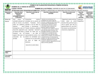FORMATO DE PLANEACIÓN PEDAGÓGICA PRIMERA INFANCIA
NOMBRE DE LA UNIDAD DE SERVICIO:
LUGAR Y FECHA: NOMBRE DE LA ACTIVIDAD: CAMPAÑA DE ASEO EN LA COMUNIDAD
INTENCIONALIDAD PEDAGÓGICA/FORMATIVA: ENSEÑAR LA IMPORTANCIA DE MANTENER NUESTROS ESPACIOS COMUNES ASEADOS.
Materiales a
Utilizar
Describa cómo
organizará el
espacio
pedagógico/Ambient
e Educativo
Describa la actividad de
inicio
Describa el desarrollo de la
actividad
Describa el cierre de la
actividad
Describa
cómo
documentar
á la
actividad
Situaciones
observadas
para el
seguimiento a
niños y niñas
Bolsas de
basura
Para iniciar la
actividad colocaré las
sillas en círculo y así
todos nos podemos
observar para
distinguirnos, para el
desarrollo organizaré
las mesas y las sillas y
finalizaré con el
espacio libre para la
evaluación de la
jornada.
Iniciaremos nuestra
actividad con la canción de
Benito “Colombia tierra
querida” y así los niños se
animan y entusiasman –
Tomaré asistencia pidiendo
que respondan “presente”
cuándo los llame por su
nombre. – Les daré la
oportunidad de contar a los
demás las actividades que
realizaron en sus casas antes
de venir al hogar de
bienestar.
Lectura de un cuento clásico
Haremos una caminata por los
alrededores de nuestro hogar de
bienestar recogiendo toda la basura que
encontremos, enseñándoles así la
importancia de mantener nuestra
comunidad limpia y depositar los
desechos donde corresponde.
Les explicaré como clasificar la basura
para que esta pueda reciclarse. Esta
actividad la haremos con todo lo que
recogimos en la campaña de aseo.
Se acomodarán las sillas del mismo
modo que en el autobús, Se nombrará un
conductor del bus, el cual avisará las
paradas y en cada una de ellas los niños
cambiarán rápidamente de puesto,
cuando el conductor diga este bus se varó
todos correrán y gritarán.
Preguntaré a cada uno de los
niños: cómo se sintió
durante el día, qué fue lo que
más le gustó, qué más le
gustaría hacer, etc. con el fin
de conocer sus sentimientos,
emociones y expectativas.
Evidencias
fotográficas
OBSERVACI
ONES:
Firma Agente
Educativa:
 